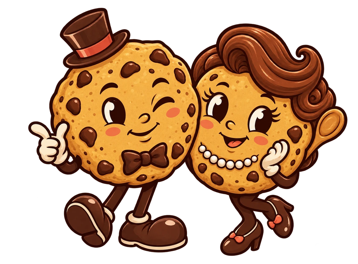 Mr. Chip in a top hat and Mrs. Chip with a pearl necklace, smiling together